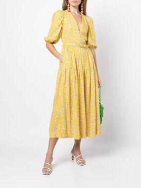 NICHOLAS Celie Linen Blend Floral-Print Long Dress Yellow 10
